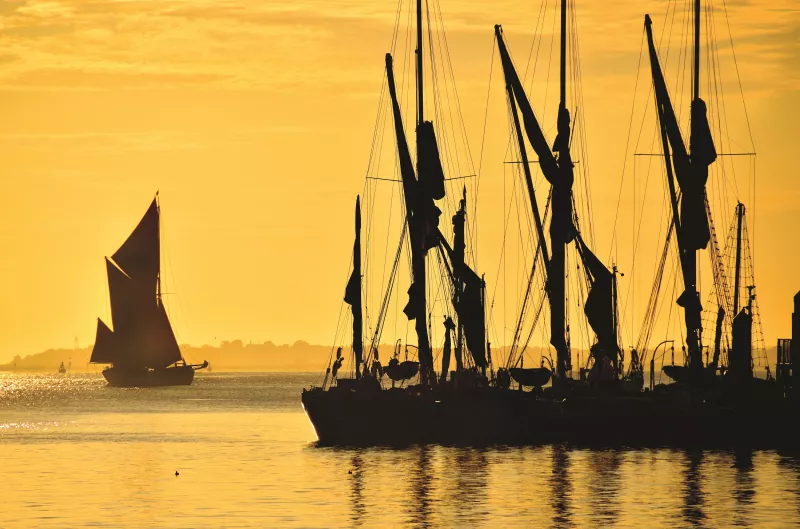 The whole image is mostly yellow, with three Thames barges moored up together on the right and a fourth one approaching under full sail in the background on the left
