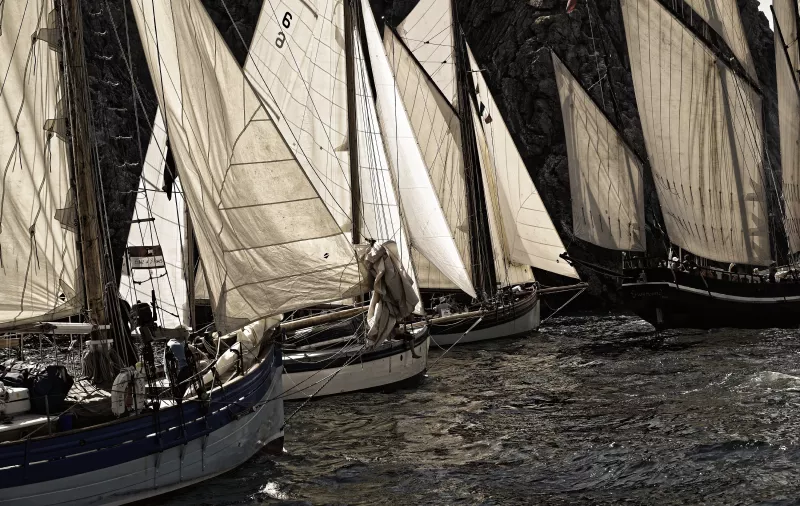 View of multiple small sailing vessels on the water